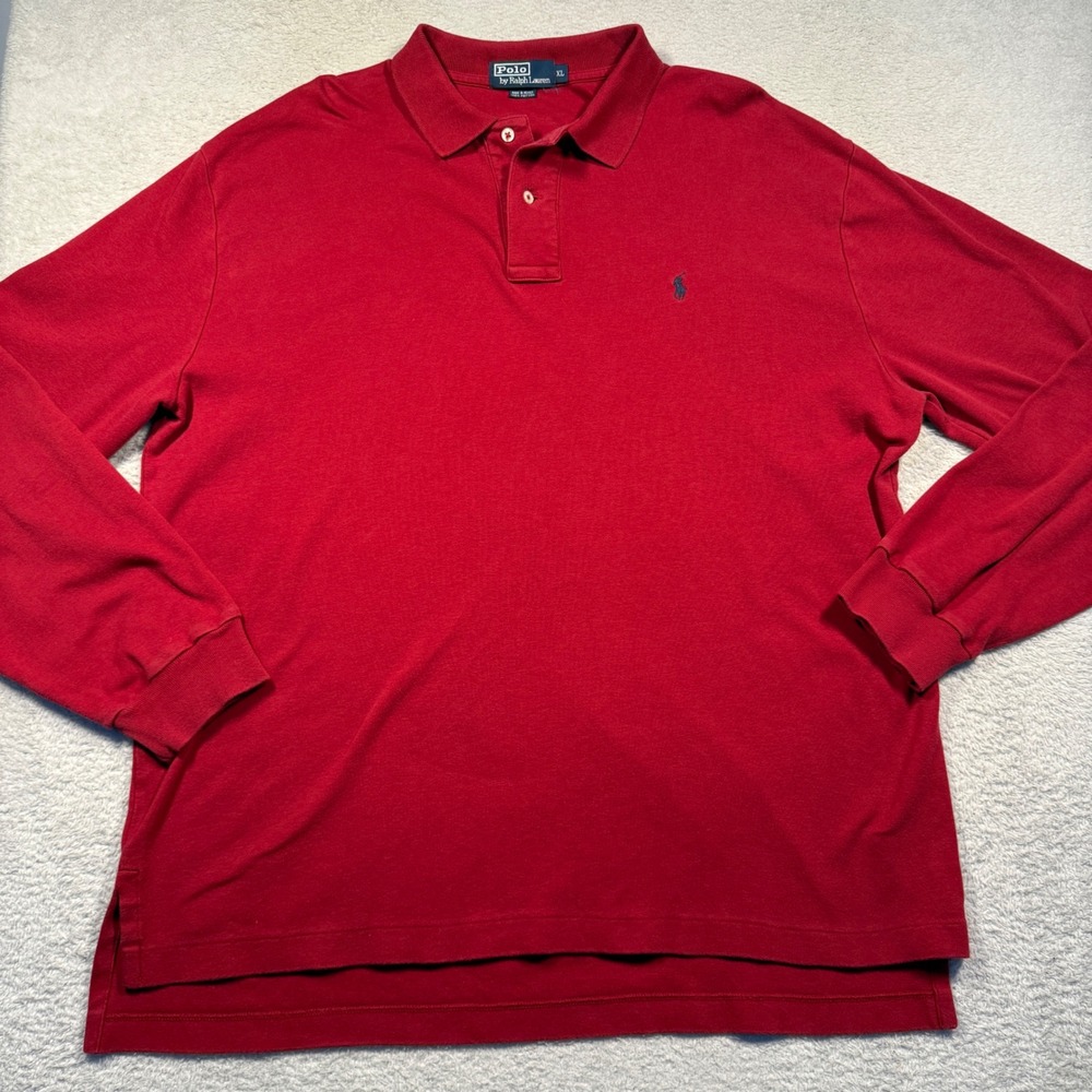 Vintage Polo Ralph Lauren Red Long Sleeve‎ Cotton Polo Shirt Men's XL Navy Pony
